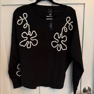 Ada Black Sweater with White Floral Design with pearls Size L